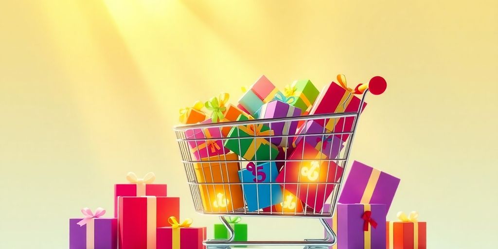 Shopping cart filled with colorful gifts and discounts.