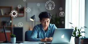 Person working on a laptop with a small business startup theme.