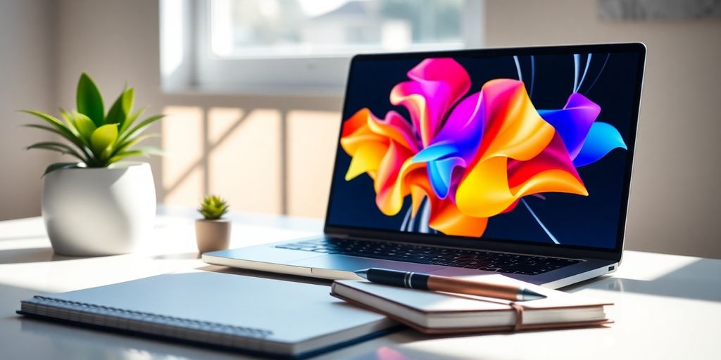 Laptop with colorful digital display in a sunlit workspace.