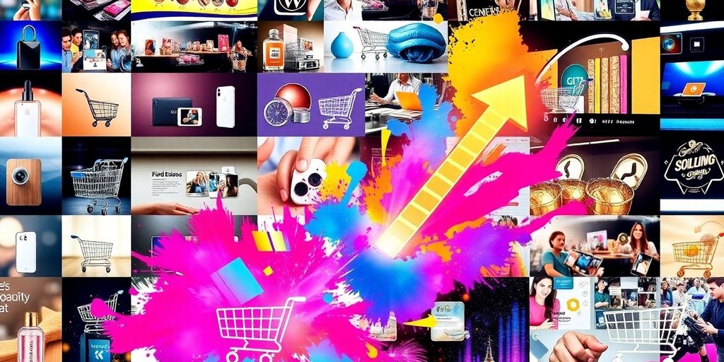 E-commerce sales growth with product displays and upward arrows.