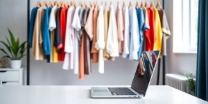 Woman working on laptop surrounded by clothing.
