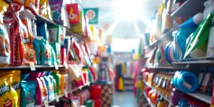 Bright store aisle with colorful sale items.