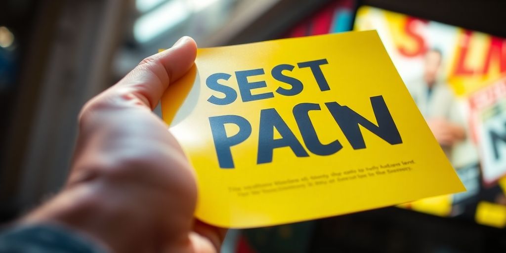 Business person holding a bright, vibrant advertisement.