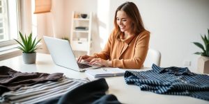 Woman looking at laptop with clothing items arranged around her.