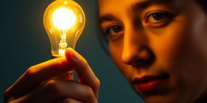 Lightbulb illuminates a person's thoughtful face.