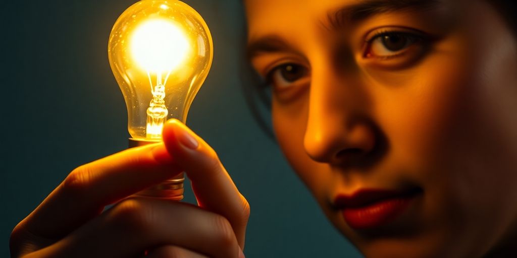 Lightbulb illuminates a person's thoughtful face.