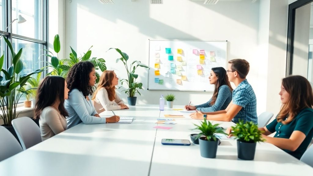 Startup business ideas and collaboration in a modern office.