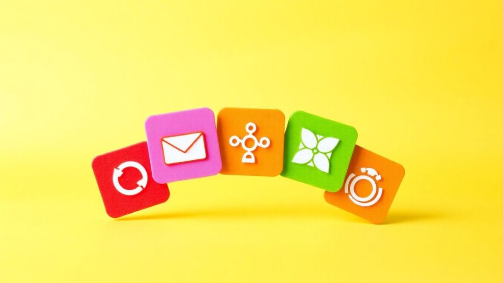 Five promotional strategy icons in a dynamic arrangement.