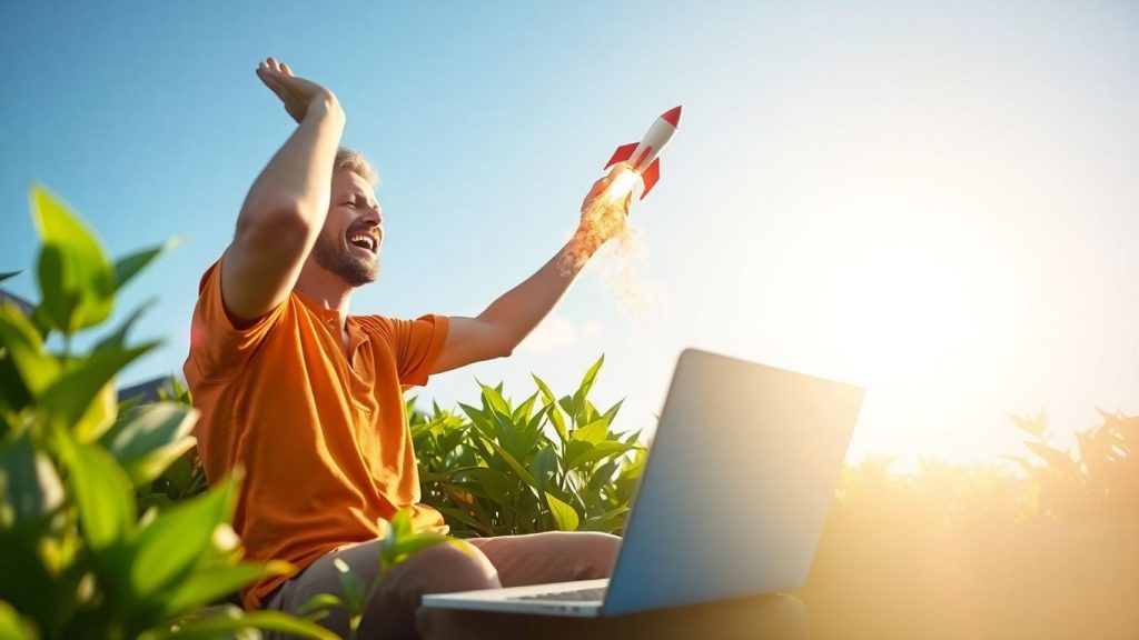 Person launching a rocket from a laptop.