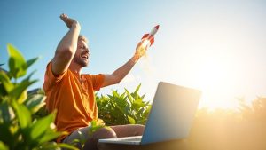 Person launching a rocket from a laptop.