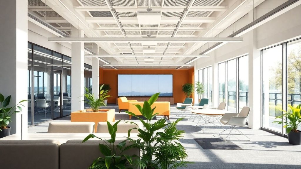Modern office interior with natural light and plants.