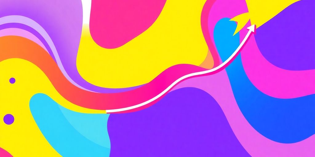 Upward trending visual with abstract shapes and flowing lines.