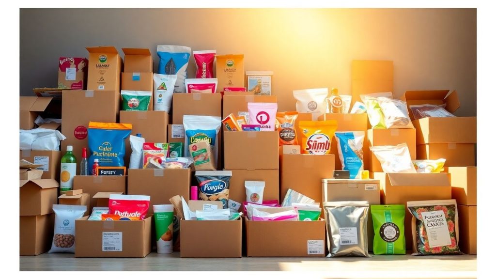 Mail order boxes filled with diverse products ready for shipping.