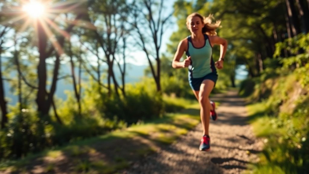 Runner on a trail, sunlight, motion, nature