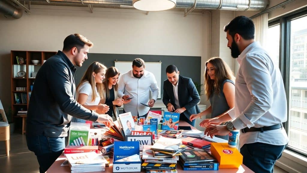 Team planning brand promotions with colorful items.