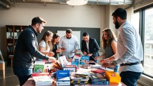 Team planning brand promotions with colorful items.