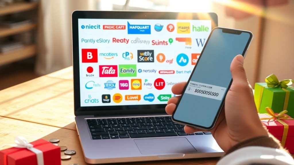 Laptop screen with coupons and shopping icons.