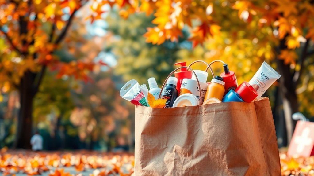 Autumn leaves and a shopping bag full of products.