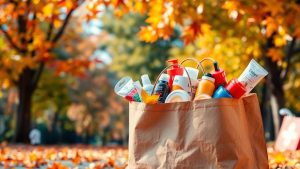 Autumn leaves and a shopping bag full of products.