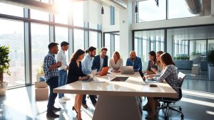 Team collaborating in a modern digital marketing agency office.