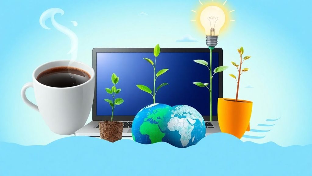Diverse business ideas: coffee, laptop, plant, globe, lightbulb.