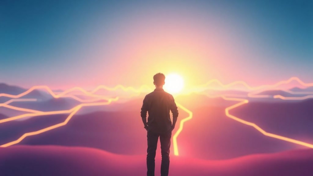 Person looking at a bright digital future landscape.