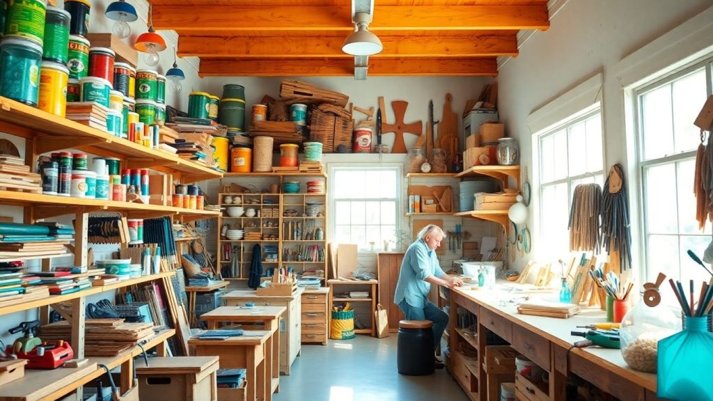 Entrepreneurial workshop with tools and creative supplies.