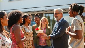 Business owner connecting with happy customers.