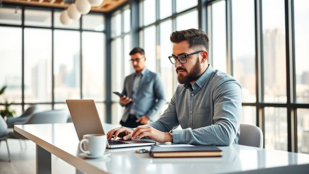 Small business team using laptops in modern office, city skyline.